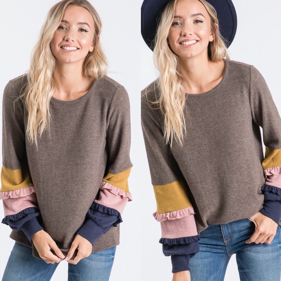 KIMMIE Ruffle sleeve detail Long sleeve top - BROW - Picture 2 of 2